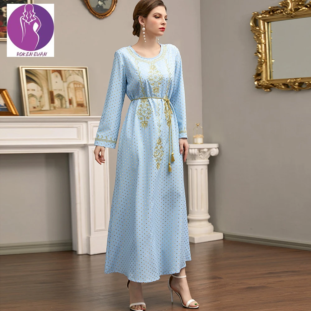Женское винтажное платье макси в горошек, вечерние высокой талией и длинным рукавом