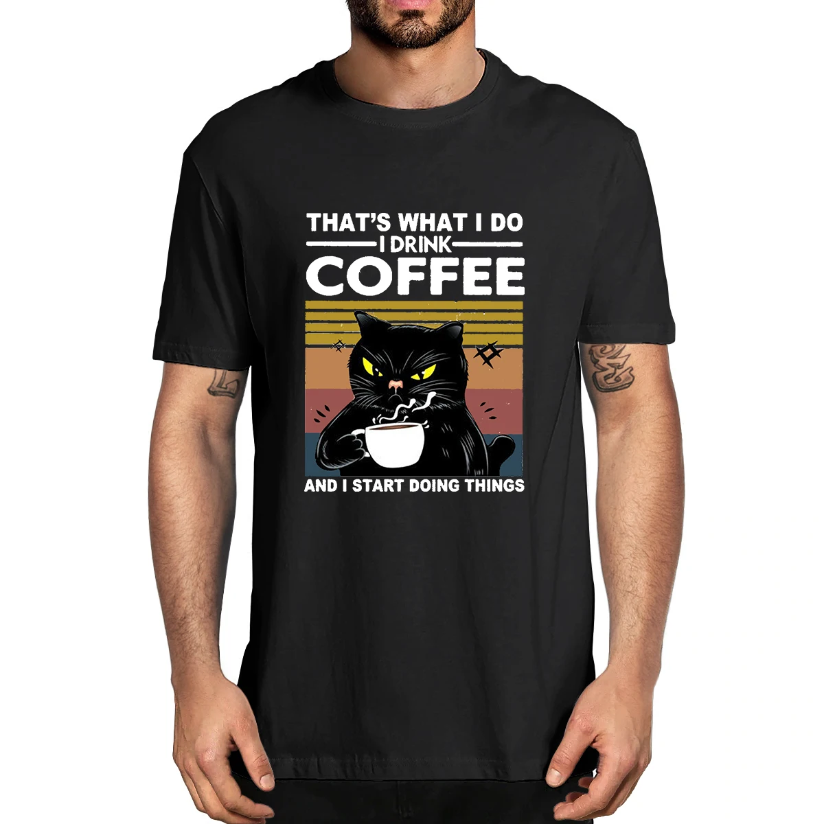 

100% Cotton Black Cat That's What I Do I Drink Coffee And I Start Doing Things Men's Novelty T-Shirt Women Casual Streetwear Tee