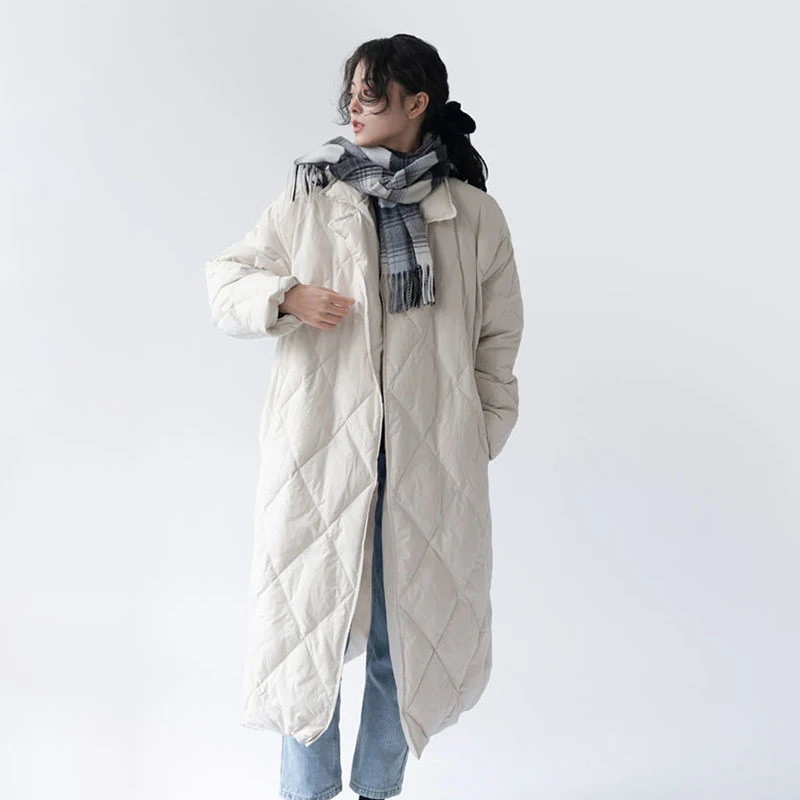 Anbenser Women's Winter Korean Style Long Cotton-padded Coat Casual Stand-up Collar Argyle Pattern Oversized Parka Chic Jacket