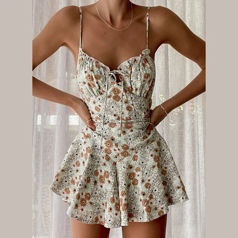 

2022 New Spring and Summer Fashion Tie Rope Sling Type Snow White Print Sexy Skirt Temperament Short Dress Female Clothing Women