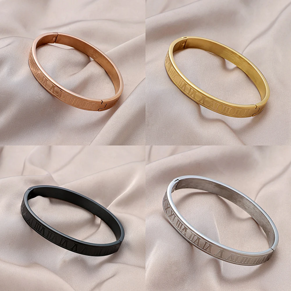 Роскошный Браслет-манжета браслет из нержавеющей стали резьба римские цифры