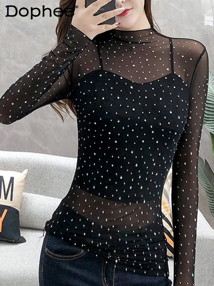 

Spring 2023 Diamond Grenadine Long Sleeve Chiffon Bottoming Shirt Vest Two-Piece Set Popular Sexy See-through White T-shirt Top