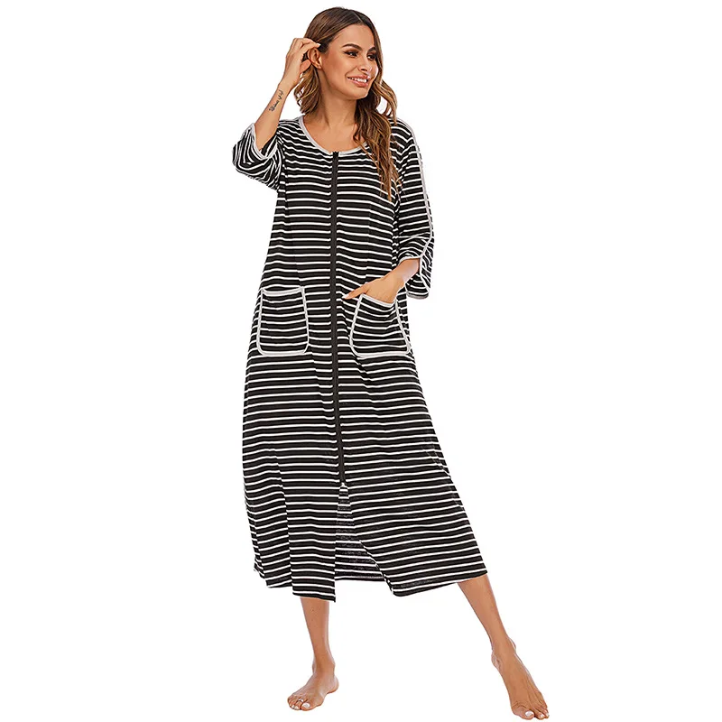 2023 New Autumn Winter Loungewear Comfortable Casual Loose Pajamas Seven-point Sleeve Large Size Pajama Striped Women Nightgown