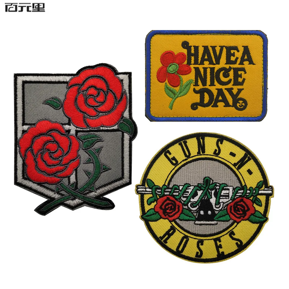 

Embroidered Roses Guns Have A Nice Day Flower Patch Military MC Motobike Patch HOOK Back Tactical Morale for Backpack Coat