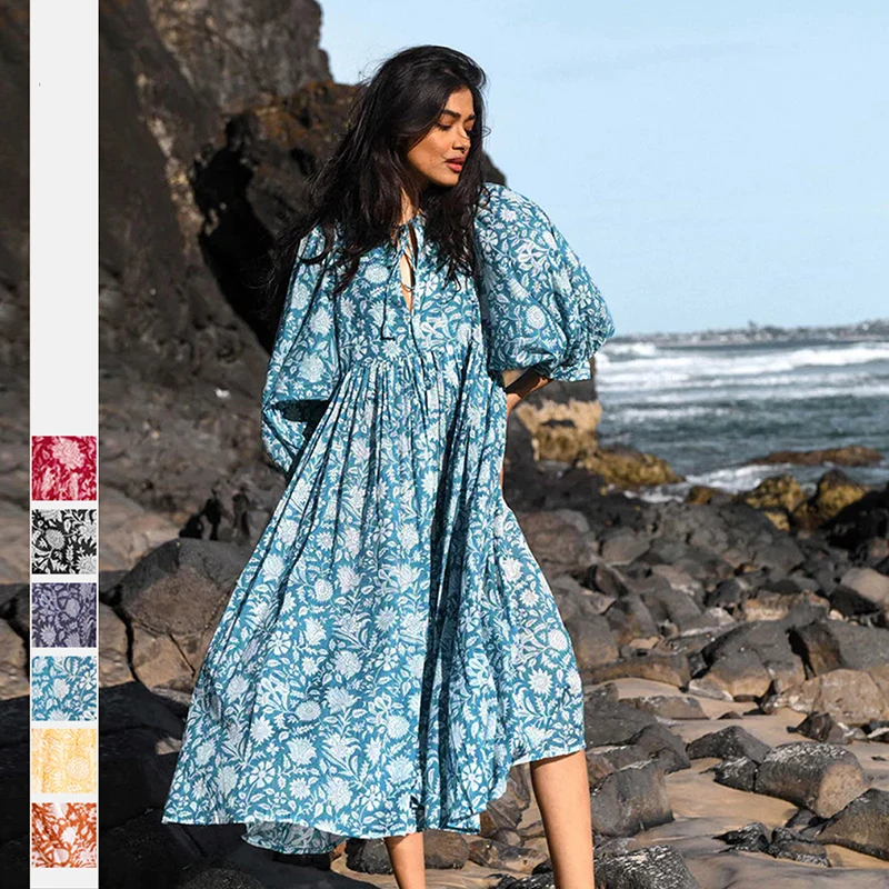 

Loose Casual Beach Dresses Women Summer 2023 Fashion Elegant Party Clothes Ladies Pullover Blue Dresses Ladies Print V-Neck New
