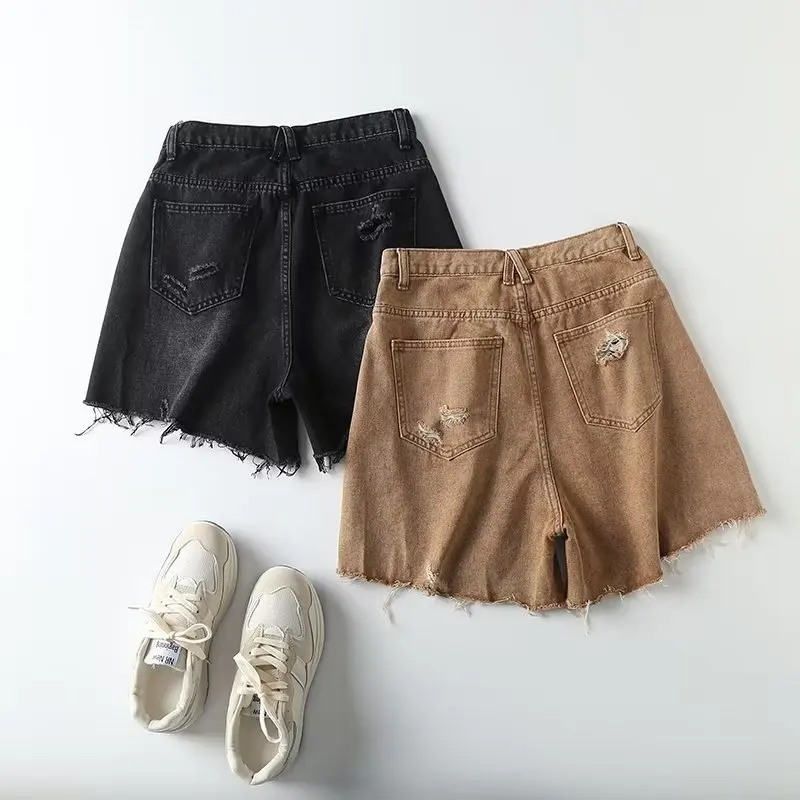 Dave&Di American Retro High Street Washed Hole Color Denim Solid  Shorts High Waist Casual Loose Bermuda Women Summer Mom Shorts