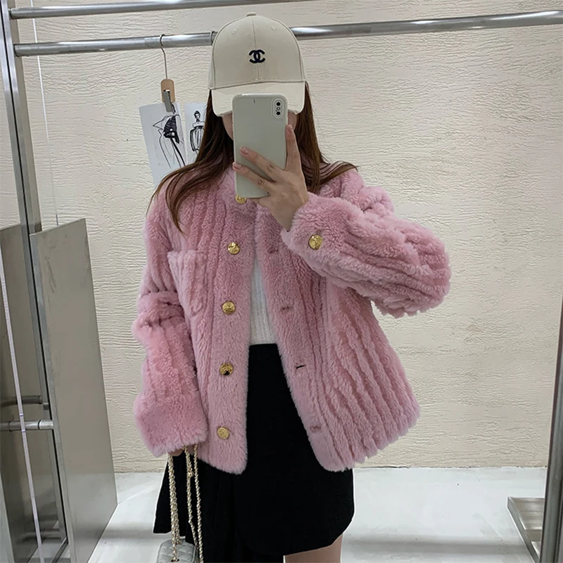 2023 New Autumn Winter Sheep Shearling Fur Coat For Women Real Fur Jacket 100% Wool Overcoat Korean Fashion Female Slim