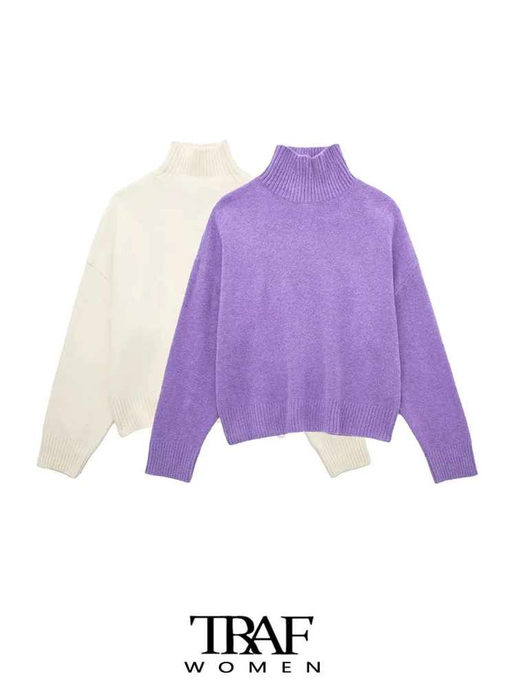 

TRAF Women Fashion Oversized Soft Knit Sweater Vintage High Neck Long Sleeve Female Pullovers Chic Tops