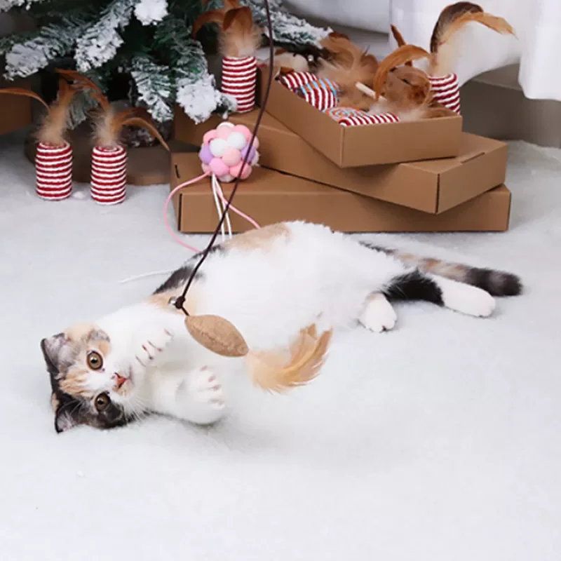 

2022JMT 40cm Wood Pet Toys Cat Teaser Rod Interactive Funny Cat Rod Linen Knitted Stick With Mini Bell Cat Accessories Pet Suppl