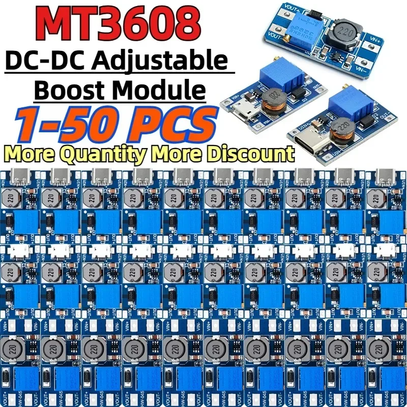 1-50 шт. DC-DC MT3608 Регулируемый повышающий модуль 2A Boost Plate Step Up Module с Micro Type C USB 2 В - 24 до 5