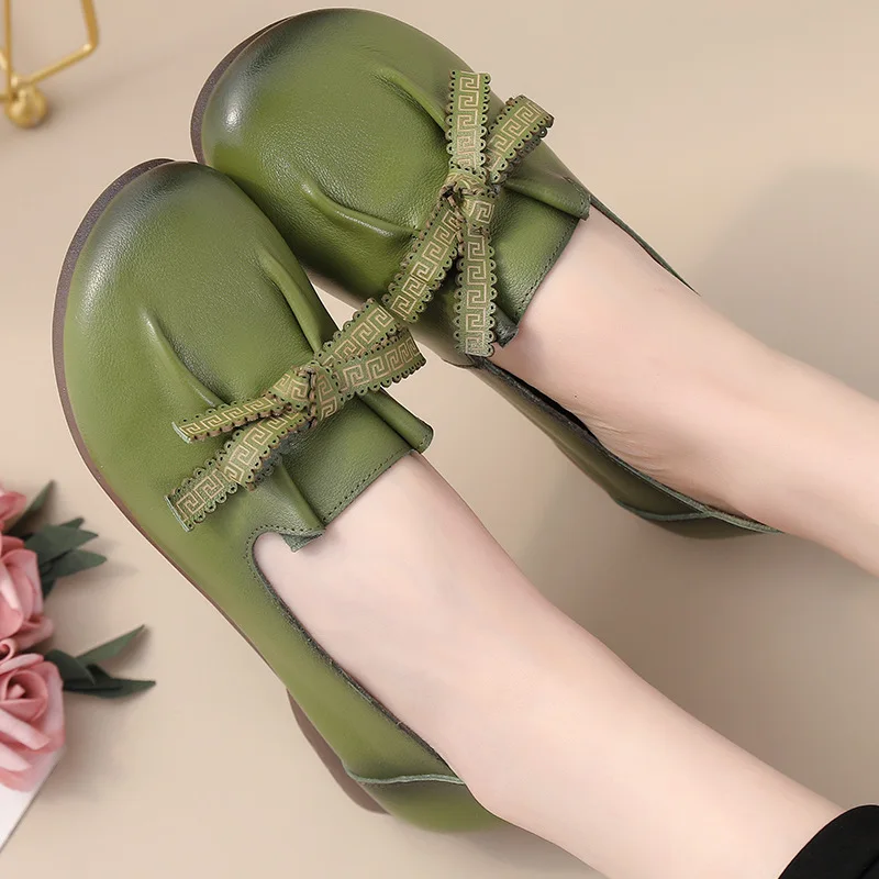 Luxury Green Ballet Flats Comfortable Elegant Women's Shoes Genuine Leather Loafers Ladies Bowknot Woman Soft Blue Moccasins