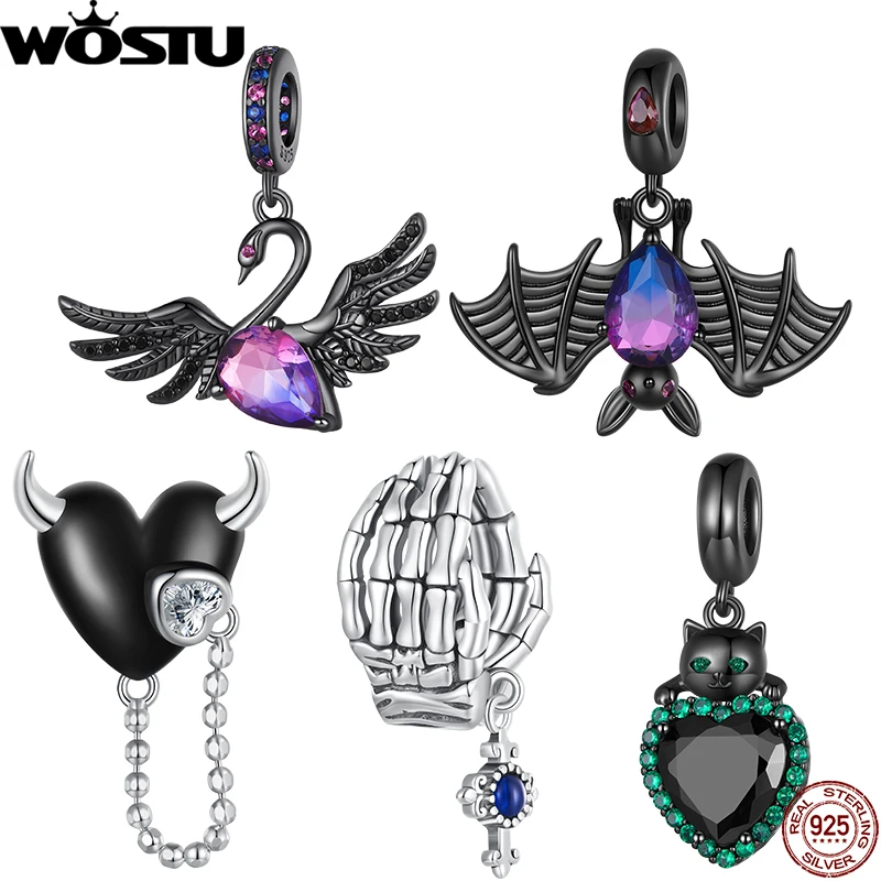 

WOSTU 925 Sterling Silver Punk Charms Devil Faith Pendant Black Swan Hanging Bead Fit Original Bracelet Bangle Women DIY Gifts