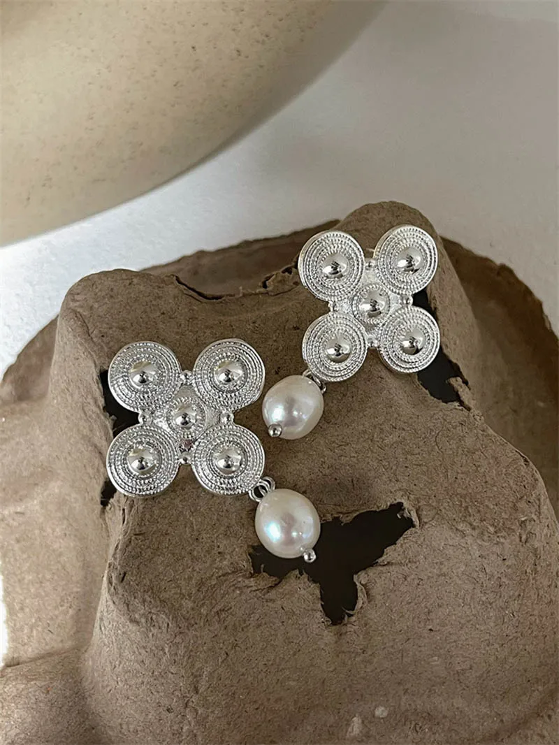 

Exaggerated vintage metal freshwater pearl long earrings Chinese style geometry advaned jewelry for women