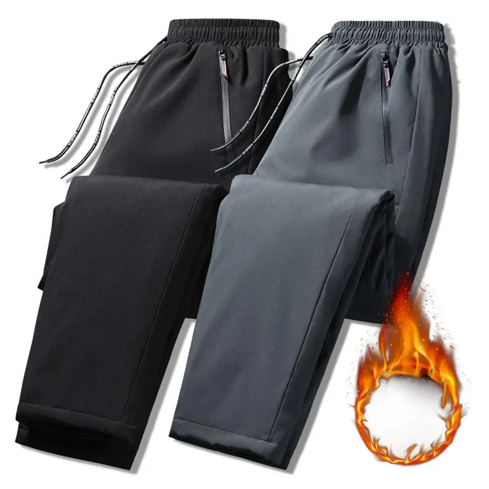 

Men Pants Zipper Pockets Solid Color Elastic Waist Loose sweatpants Thicken Drawstring Trousers Streetwear pantalones hombre