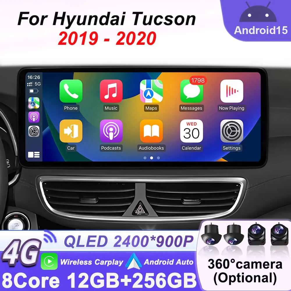 Фото QLED 2400*900P Video Play 12,3-дюймовый Android 15 для Hyundai Tucson 2019-2020, мультимедийное автомобильное радио, GPS Navi, 8-ядерный 8 + 256G, стерео BT №1