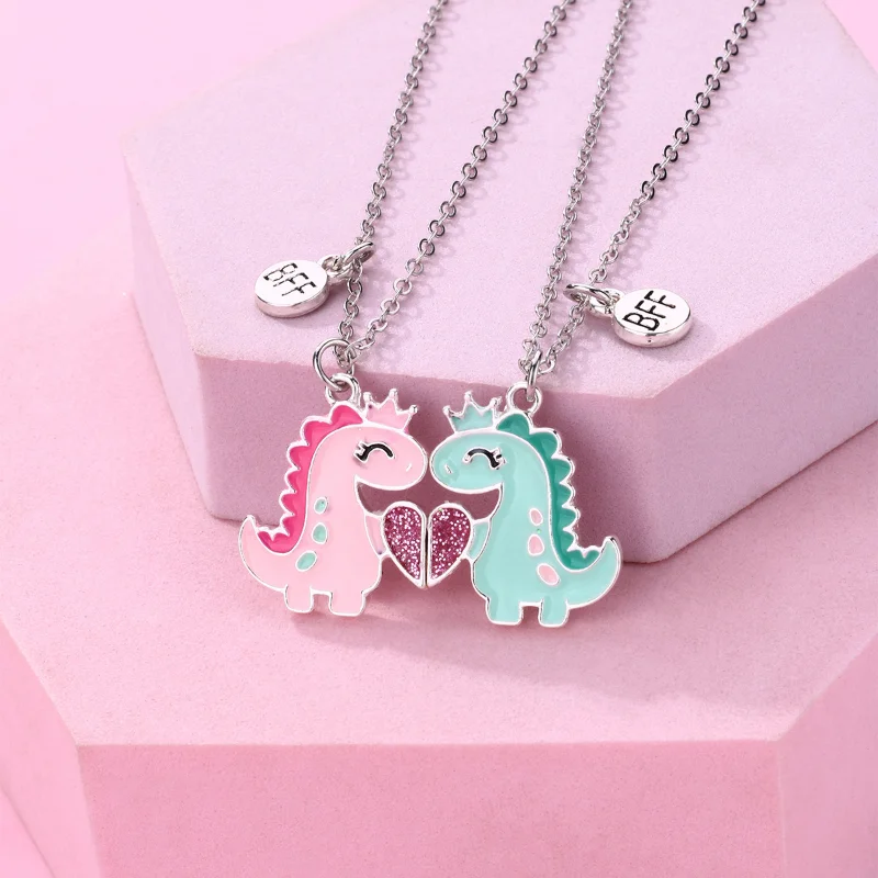 Lovecryst 2Pcs/set Best Friendship Gold Plated Alloy Chain Cute Dinosaur Heart Necklace for Girls BFF Friendship Jewelry Gift