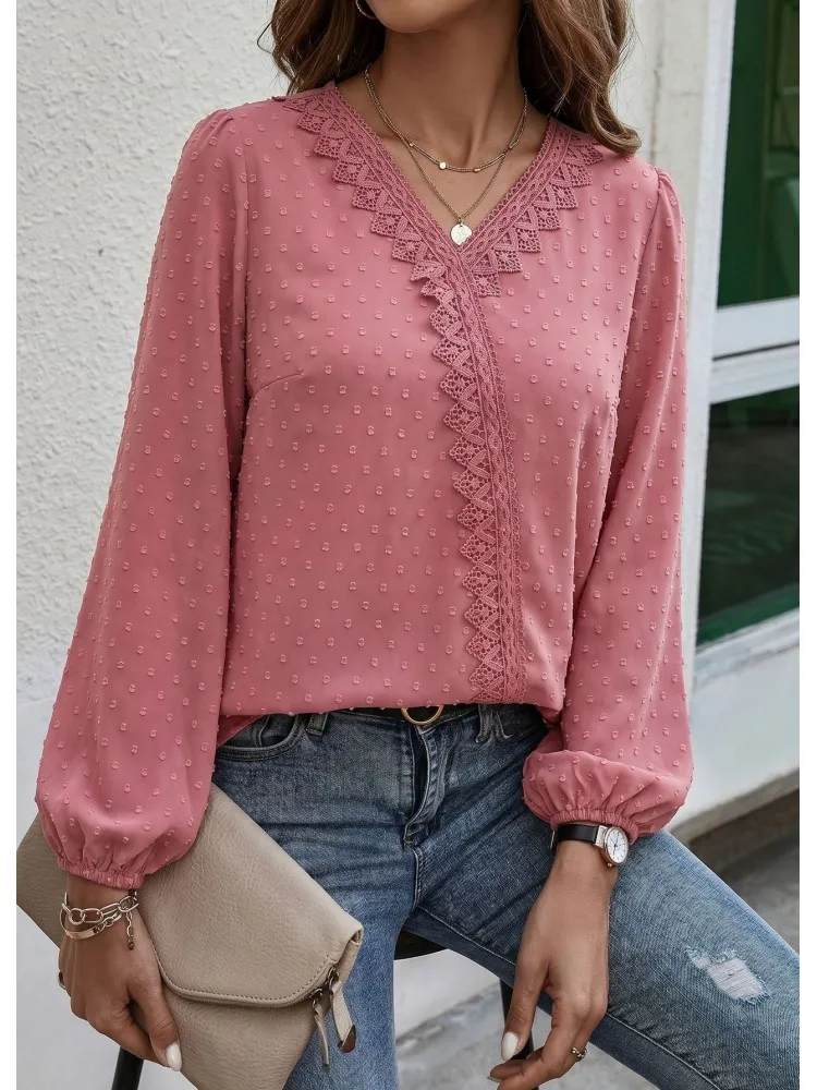 Фото Рубашка-блузка больших размеров 1XL-4XL, модная, элегантная, однотонная, с V-образным вырезом, 3XL 4XL, женская футболка с длинным рукавом, топы. №1