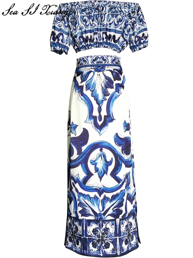 

Женский Дизайнерский Костюм Seasixiang, комплект из двух предметов: короткий топ из 100% хлопка и шелковая юбка-карандаш с бело-синим фарфоровым принтом на лето