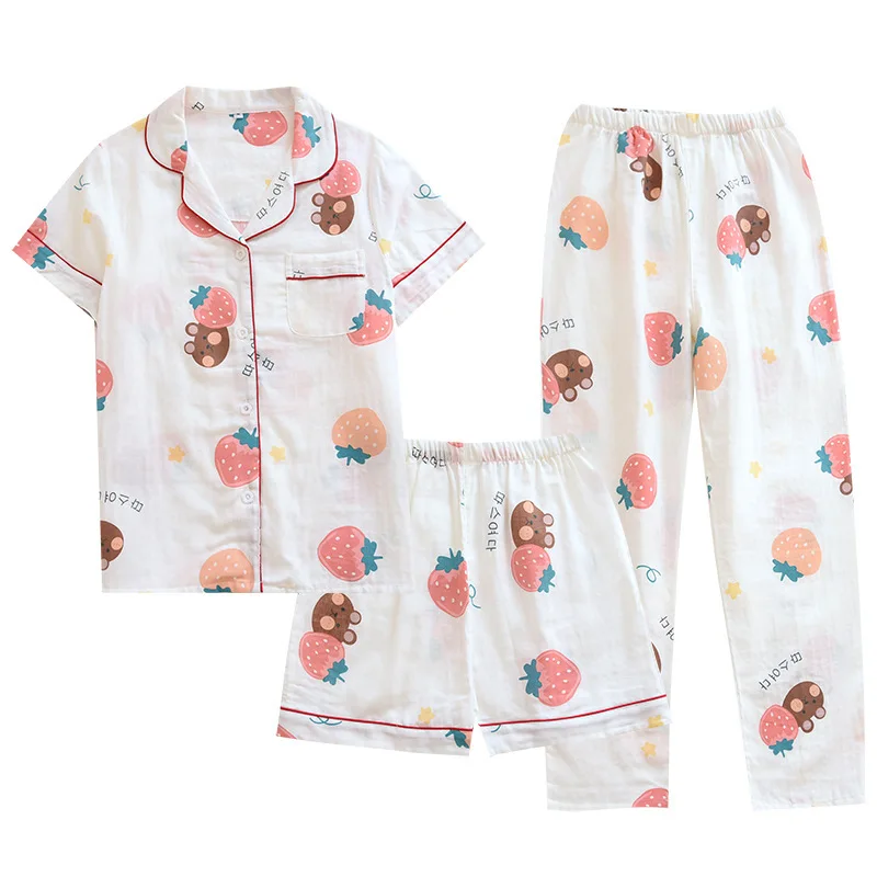 

Three-piece Pajamas Set for Women's Spring and Summer Cotton Short-sleeved Trousers and Shorts Loose Womens Three Piece Sets