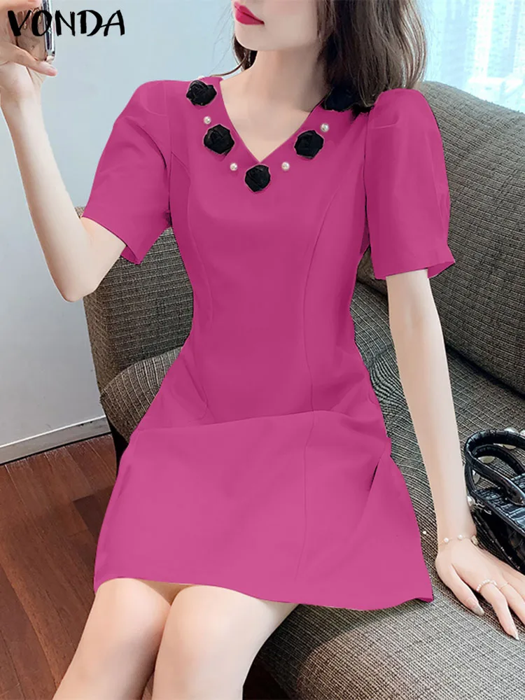 

VONDA Women Dress 2023 Summer Short Sleeve Sexy V-Neck Decal Decoration Party Mini Sundress Casual Robe Elegant Vestidos
