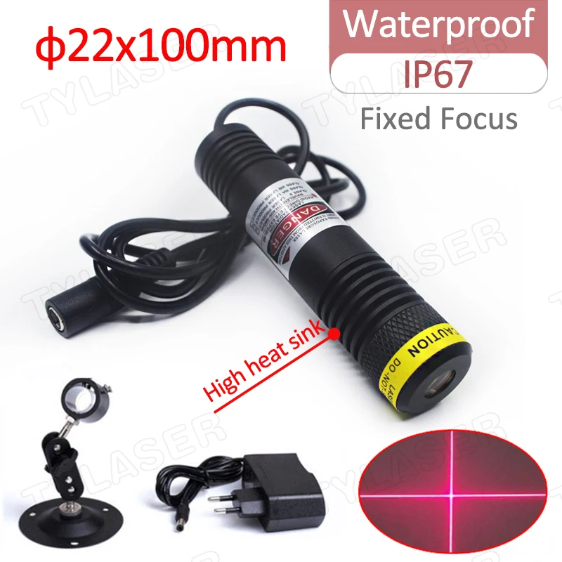 

Waterproof Glass Lens D22X100 660nm Red Cross Line 10mW 30mW 50mW 100mW Laser Module for Cutting Positioning（Free with Bracket）