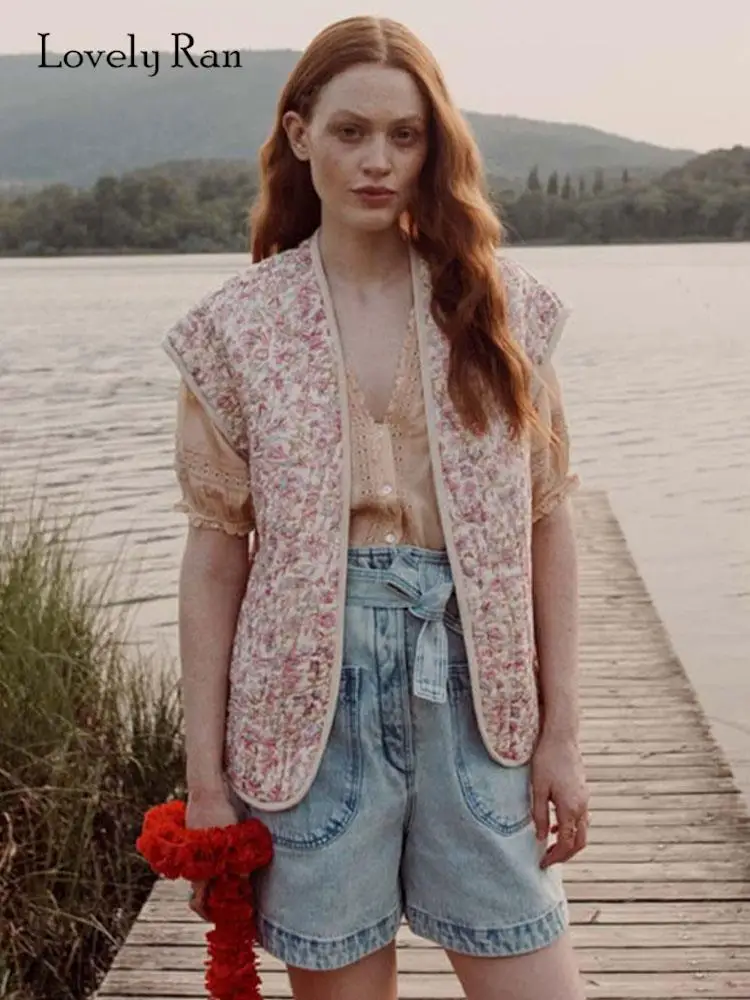 

Women Printed Pockets Cotton Vest Vintage Casual Sleeveless Loose With Belt Wram Coat 2023 Fashion Ladies Chic Thick Outwear