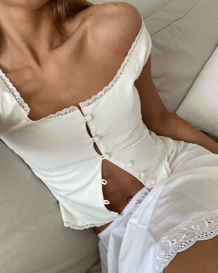 Summer Women Kawaii White Lace Frill Button Off Shoulder Crop Tops Korean Female Fairy Grunge 2000s Aesthetic Clothes Streetwear