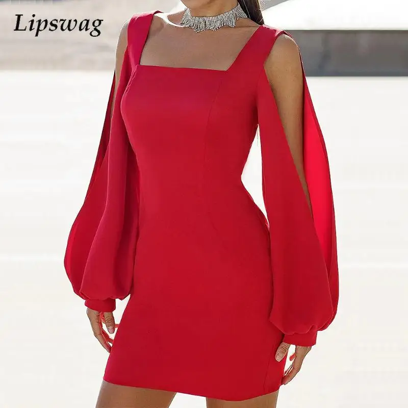 

Autumn Fashion Square Collar Bodycon Mini Dress Women Elegant Slit Long Sleeve Party Dress Office Lady Sexy Hollow Out Dresses