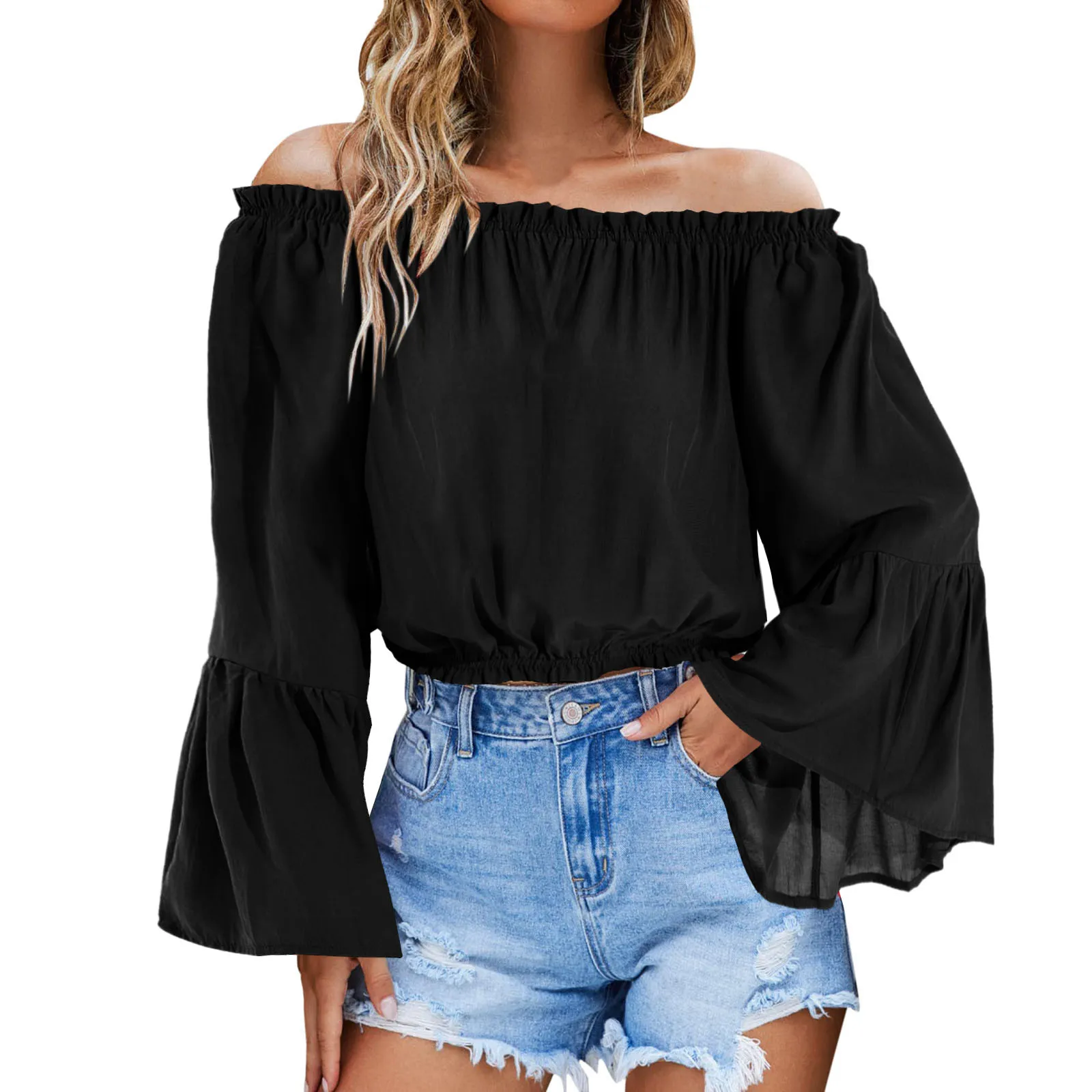 

Women Summer Off The Shouler Crop Tops Long Bell Sleeve Blouses For Women Sexy Sweater Shirt Women White Button down Shirt Linen