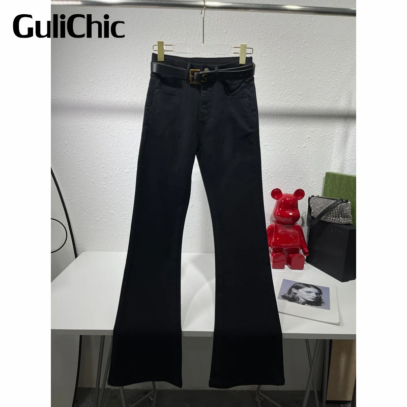 11.12 GuliChic Women High Street Casual Black Letter Embroidery Pocket Flared Jeans With Belt