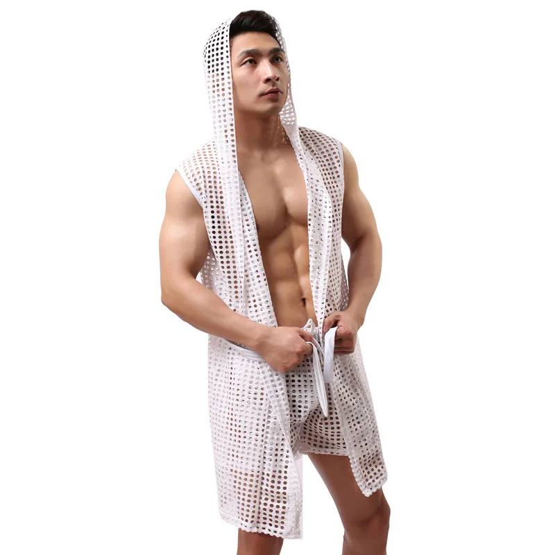 Men Underwear Sleep Tops Sexy Pajamas Male Bathrobe Home Wear Casual Loose Sleeveless Hooded Frenulum Sleepwear Kimono