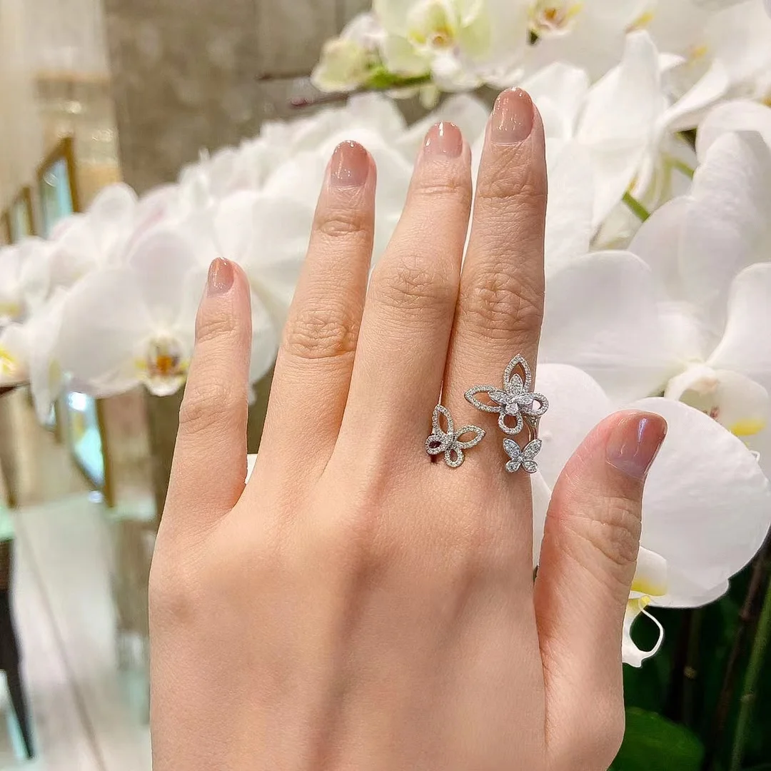 

New high-end sense niche phantom three butterfly full diamond S925 silver open ring temperament women's food ring jewelry