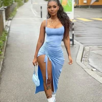 zoctuo summer ruffles y2k outfit drawstring sleeveless backless bodycon side slit midi dress for women 2022 club party birthday