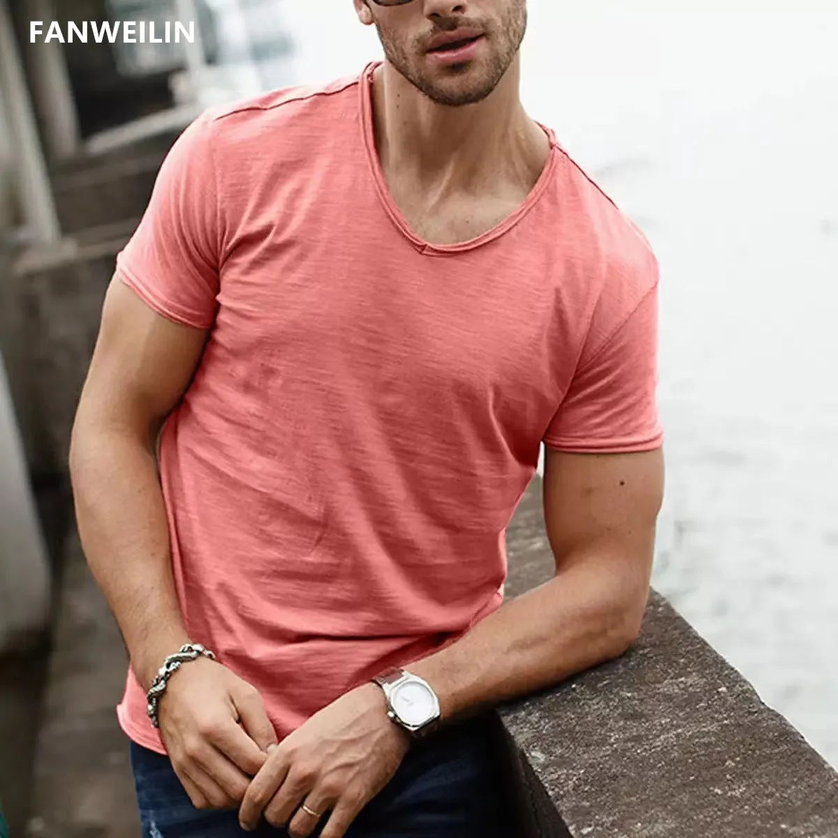 

Trendyol Men Brand Quality 100% Cotton Short Sleeve Tshirt V Neck Fashion Slim Fit Soild Tshirts Male Tops Tees Camisetas Hombre