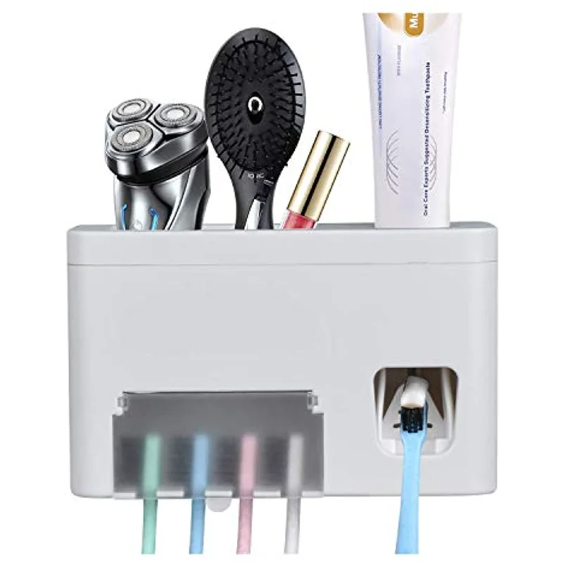 

Toothpaste Dispenser Toothbrush Holder Set,3-in-1 Wall Mounted Toothbrush Holder Toothpaste Squeezer with Storage Grids Set Wall