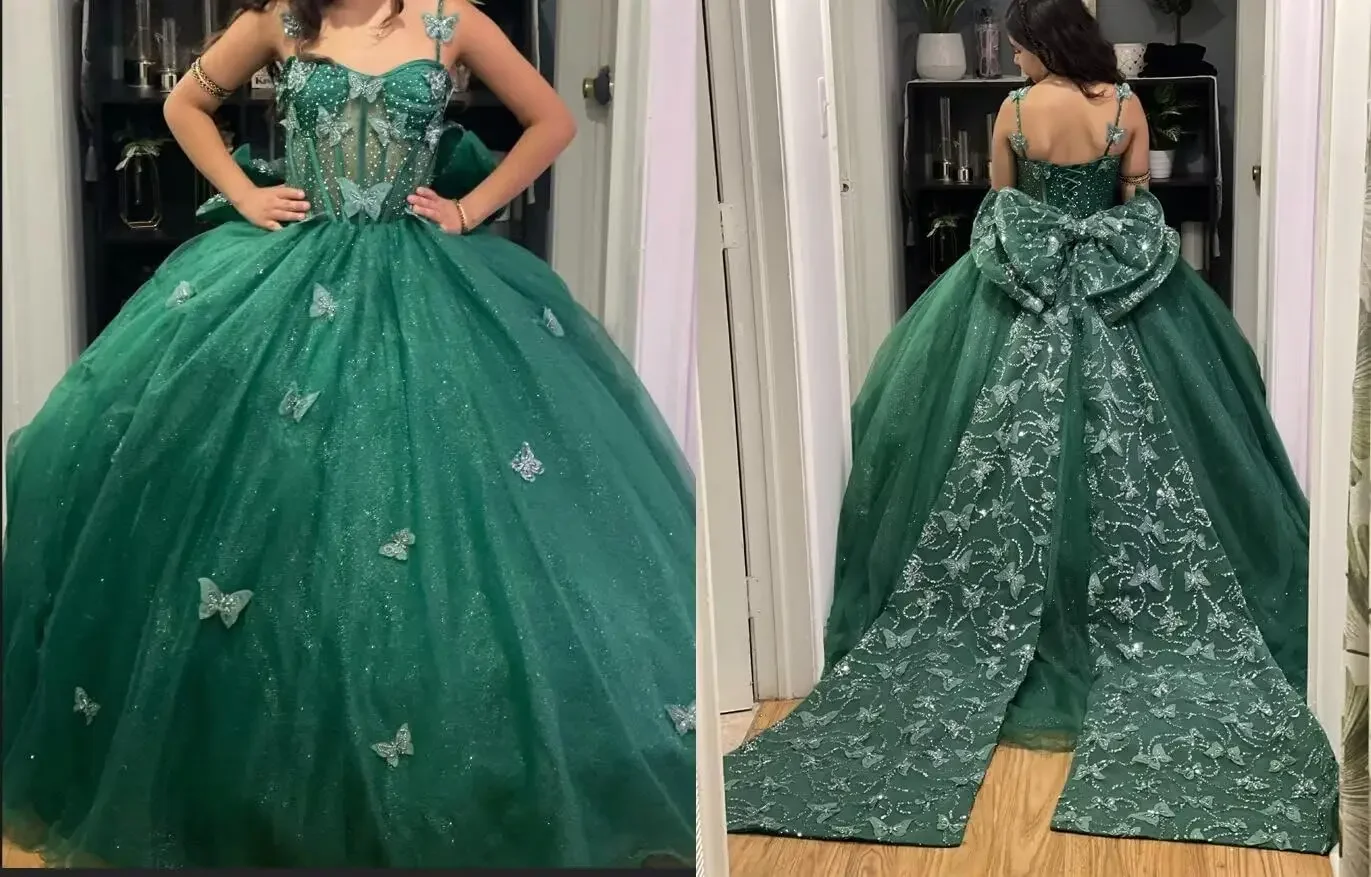 Фото Вечернее платье с бантом и шлейфом на тонких бретельках Sweet 15 16, бальное платье, блестящее платье Vestido De15 Años, 3D платье Quinceanera с бабочкой №4