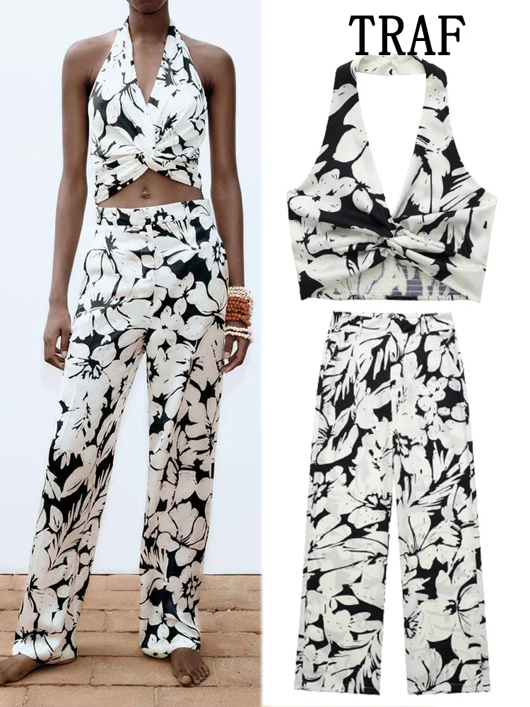 

Костюм TRAF ZA ree женский с тропическим принтом, модный топ с воротником хомутиком и тропические брюки-трубы, базовая повседневная одежда с отл...