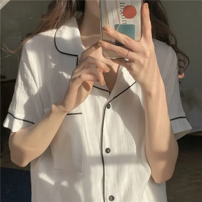 Pajamas for Women's  Summer Solid Color Cotton Sleepwear Korean Simple and Sweet Style  Short-sleeved Two Pieces Set Loungewear