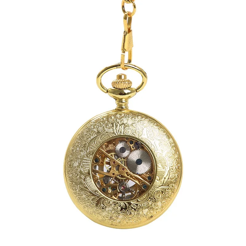 Luxury Gold Flower Mechanical Pocket Watch for Men Women Hollow Skeleton Case Roman Numerals Dial Man Fob Chain Pendant Clock