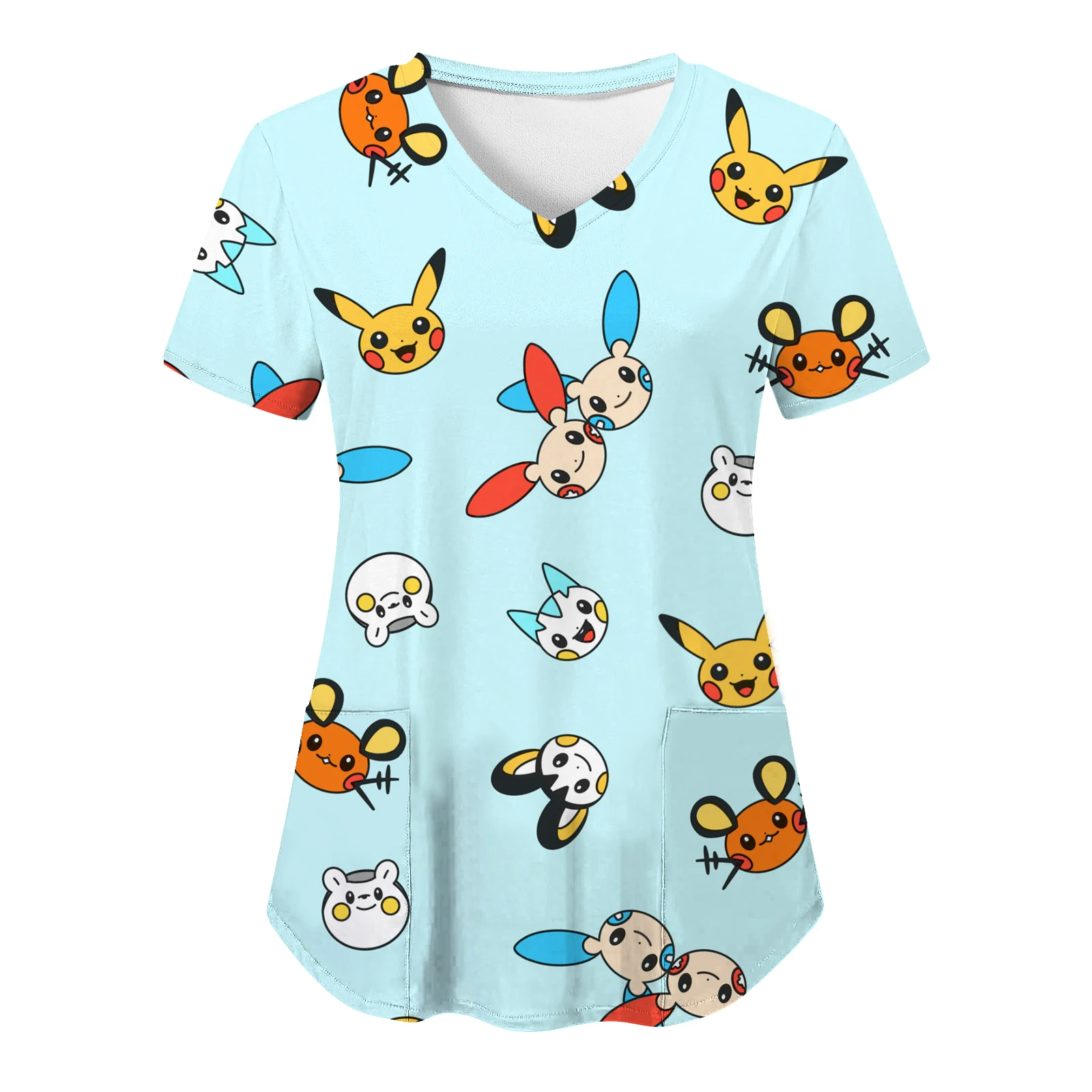 

T-shirts T-shirt Hospital Nurse Uniform Pocket Woman Clothes Summer Top Women 2023 V Neck Pikachu Tops Fashion Pokemon Cartoon