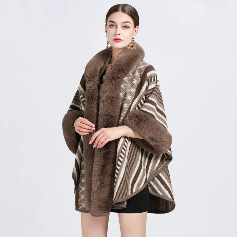 Winter New Women Woolen Coat Plus Velvet Warm Mid-length Fur Collar Shawl Cape Knitted Large Size Loose Coats Female Clothing