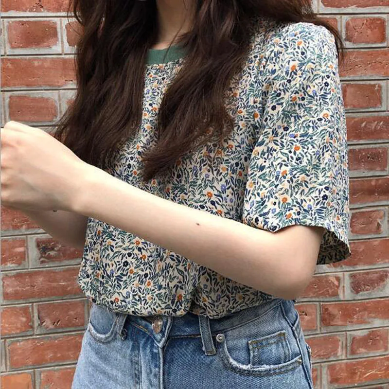 

Summer Women Flower Print Short Sleeve Round Neck T-shirts Vintage Retro Style Female Patchwork Loose Tops Casual Slim All-match