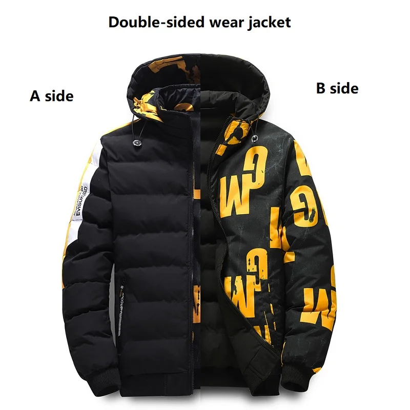 Winter Coats Mens Fashion Double-sided Wear Cotton Clothes Korean Print Plus Size Thickened Removable Hooded Warm Jacket men