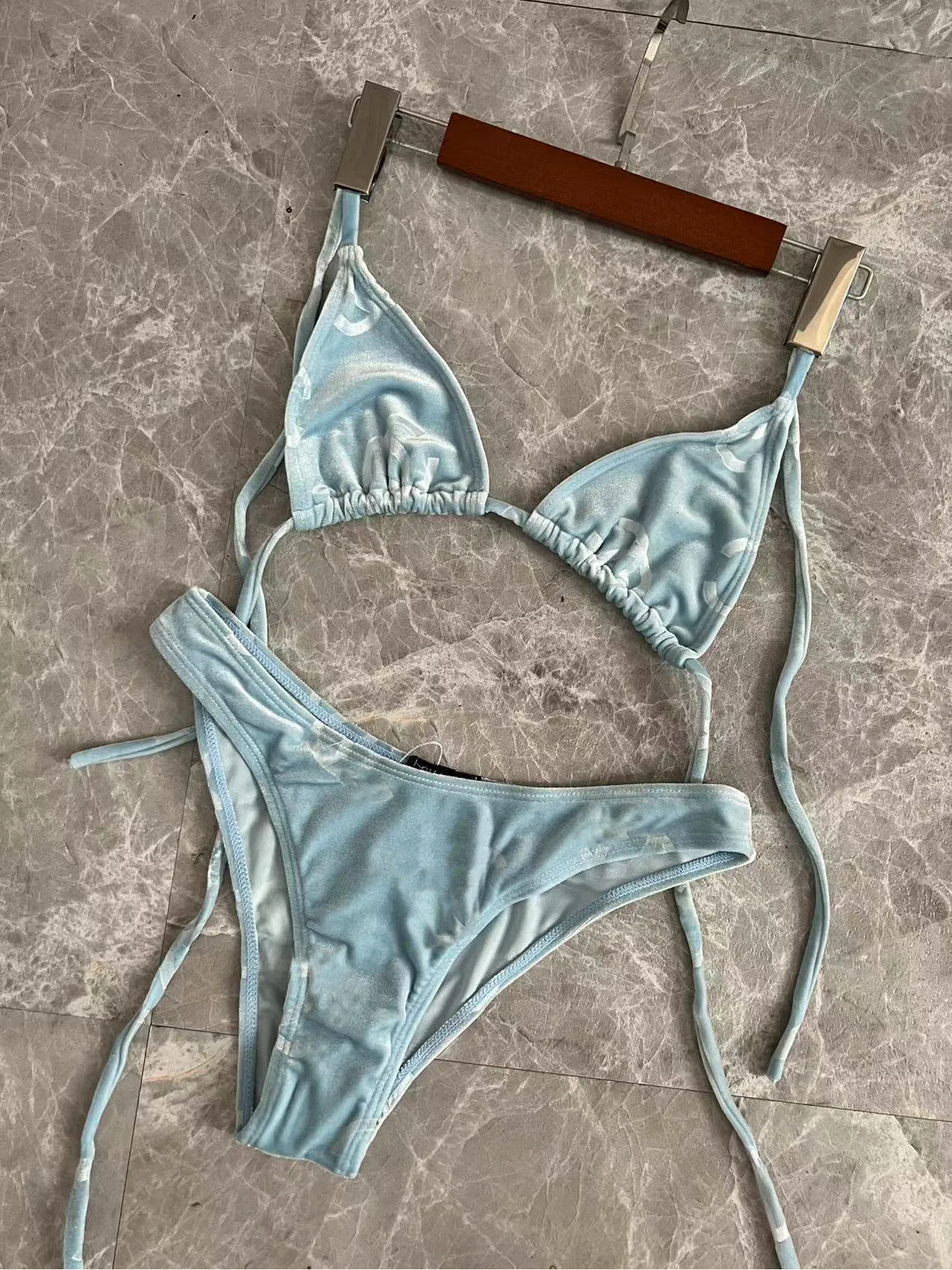 

CH41 Velvet Bikini Blue Letter Swimwear Push Up Brazilian Swimsuit Beachwear