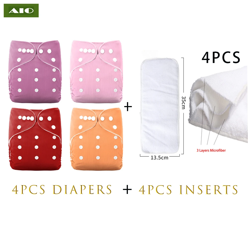 

[AIO] 4 diapers+4 Inserts Washable Baby Cloth Diaper Double Row Snap Pocket Diapers Solid Color ECO Nappy Reusable 3-15KG babi