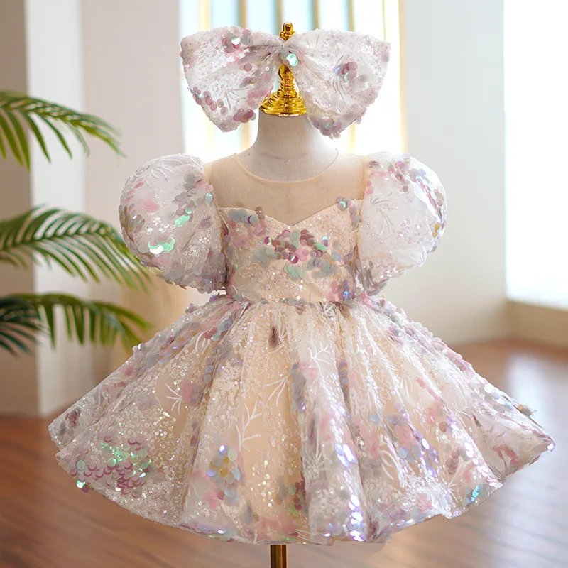 

Girl Lolita Dress Kid Puffy Sleeve Ruched Ball Gown Toddler Birthday Party Easter Princess Dresses Spanish Vintage Sequin Frock