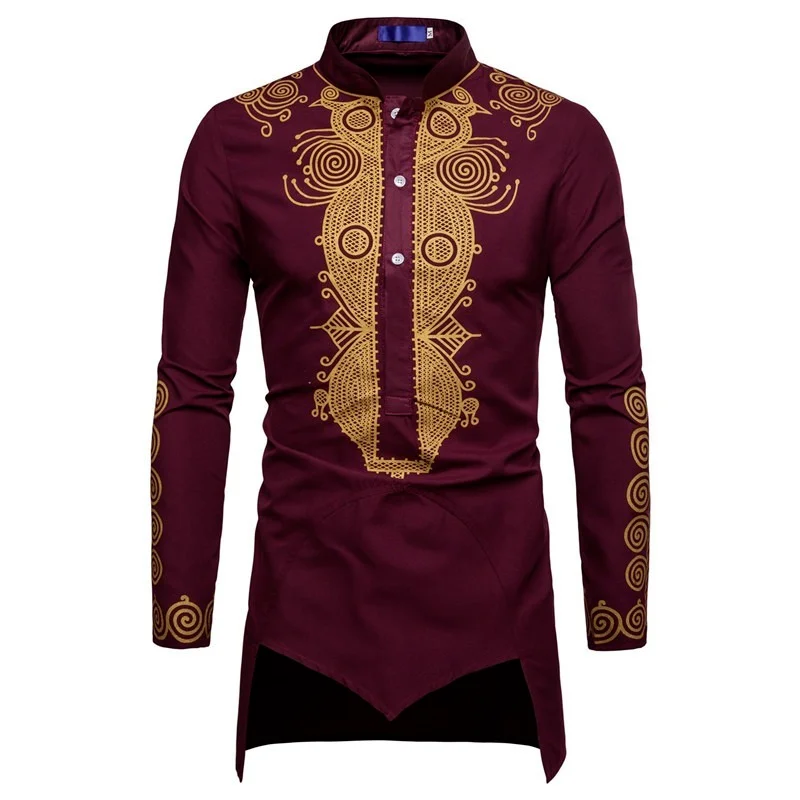 Muslim Men Shirt Islamic Clothes Print Stand Color Tops Kurta National Printed Long Sleeve Shirts Male Folk Hip Hop Streetwear