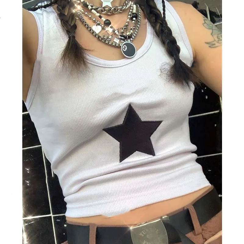 

2023 Basic Ribbed White Crop Tank Tops Women Vest Y2K Kawaii Clothes Star Patchwork Cropped Top Mujer 90S Going Out Tops