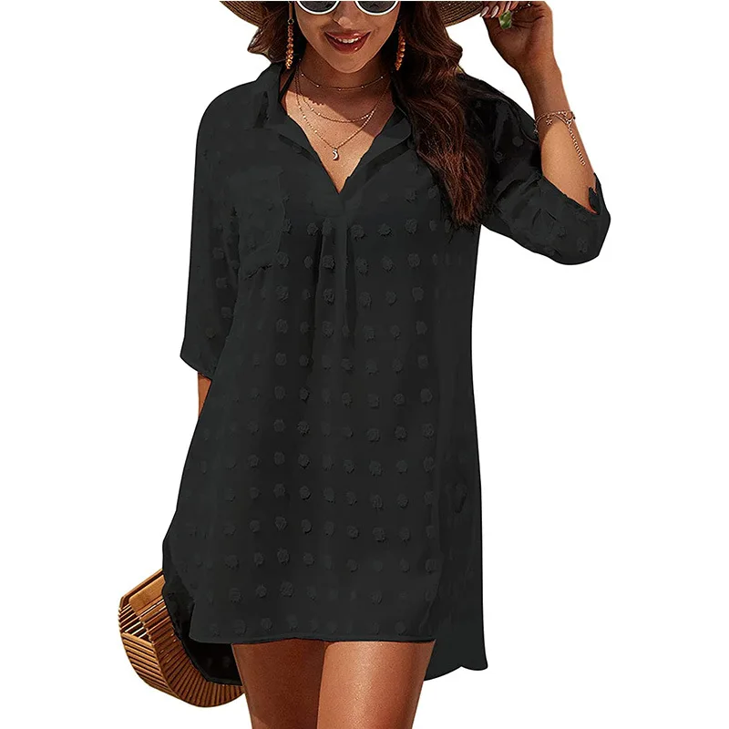 

FREE Summer Women's Shirt Chiffon Jacquard Beach Blouse Mid Length T-shirt
