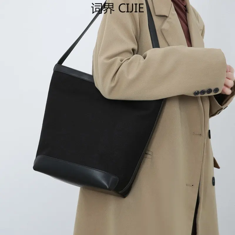 Cijie Contrast Color Canvas Bag Large-Capacity Bucket Bag Women 'S Shoulder Bag Casual Hand Holding Women 'S Bag Tote Bag